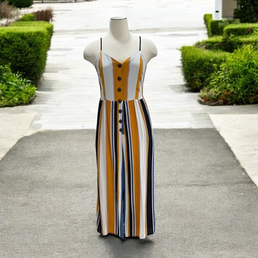 Tootsie Striped Button Front Wide Leg Jumpsuit Spaghetti Straps Casual Boho Chic